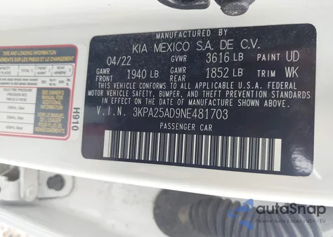 2022 Kia Rio 5-Door S z USA, uszkodzony, nr VIN 3KPA25AD9NE481703